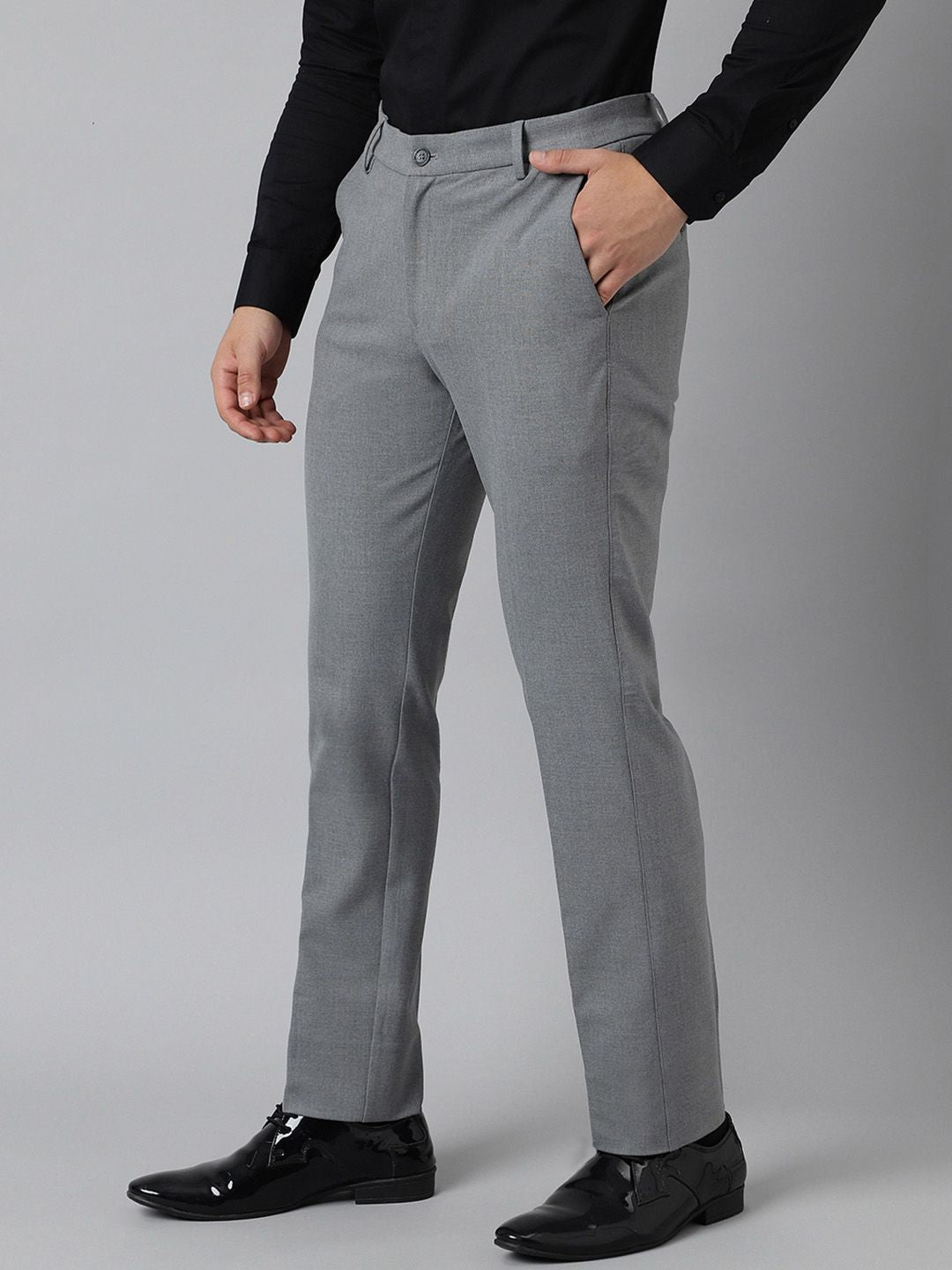 Grey Solid Slim Fit Stretchable Formal Trousers for Men