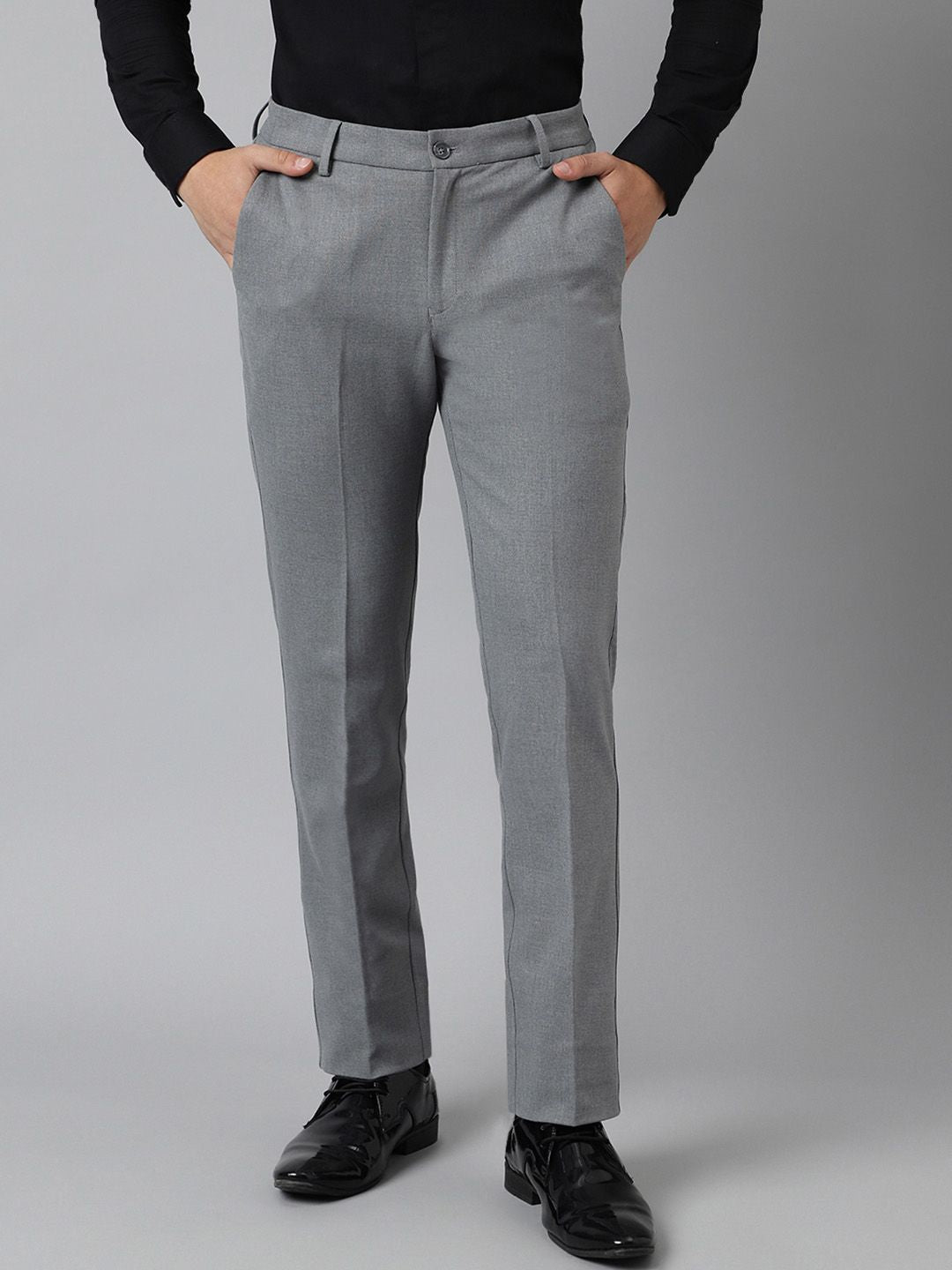 Grey Solid Slim Fit Stretchable Formal Trousers for Men