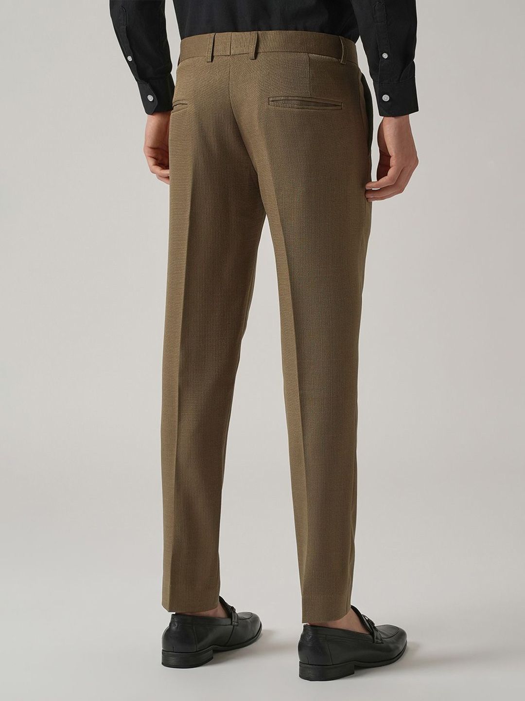 Brown Solid Slim Fit Pleated Formal Trousers for Men