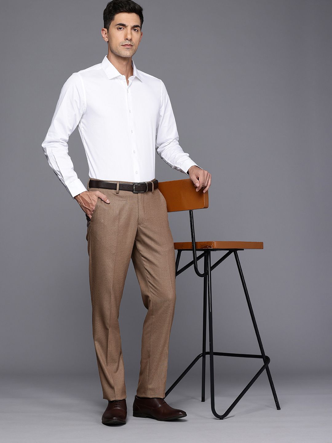 Brown Textured Slim Fit Formal Trousers for Men