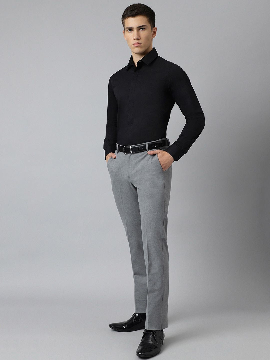 Grey Solid Slim Fit Stretchable Formal Trousers for Men
