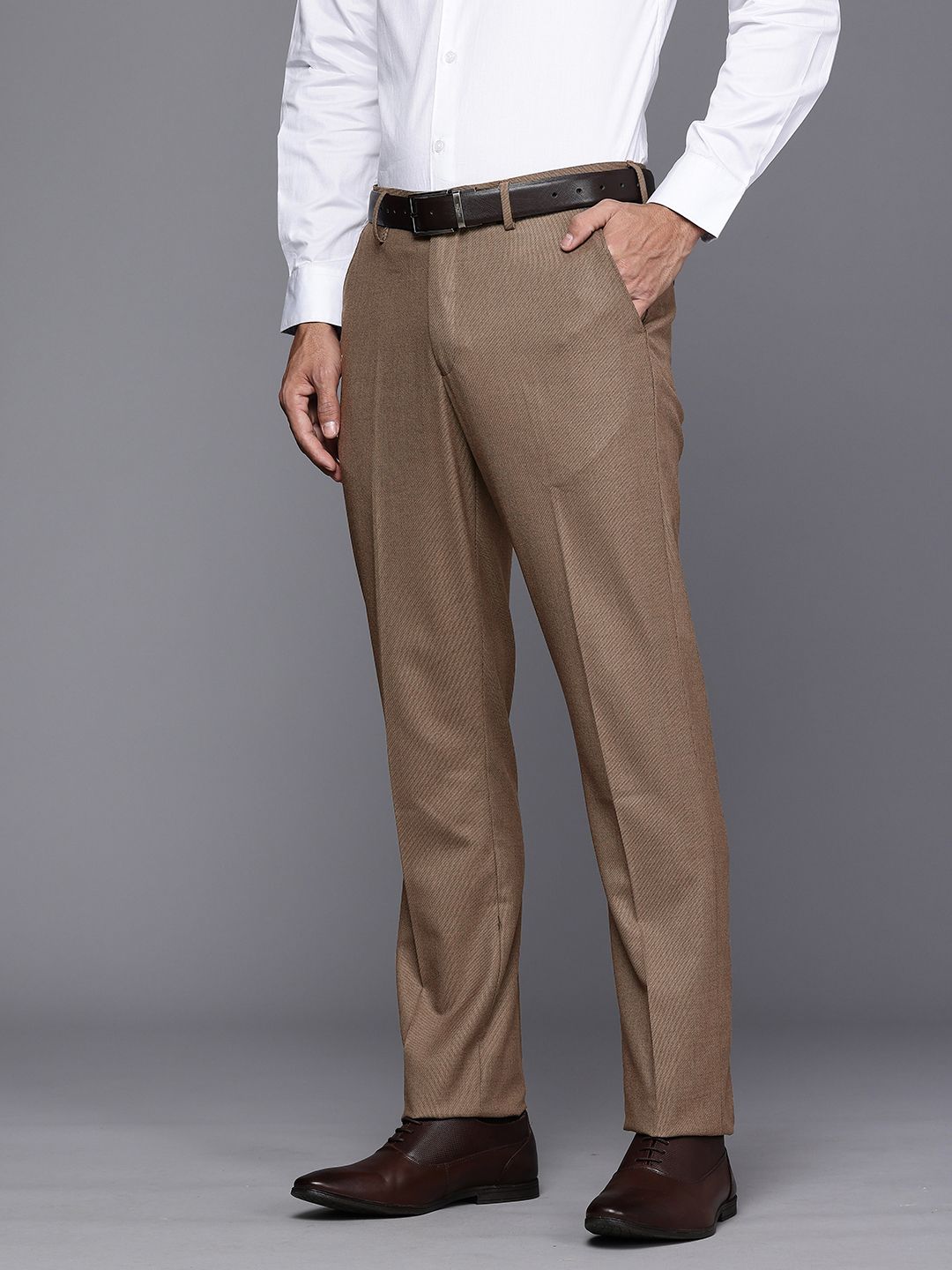 Brown Textured Slim Fit Formal Trousers for Men