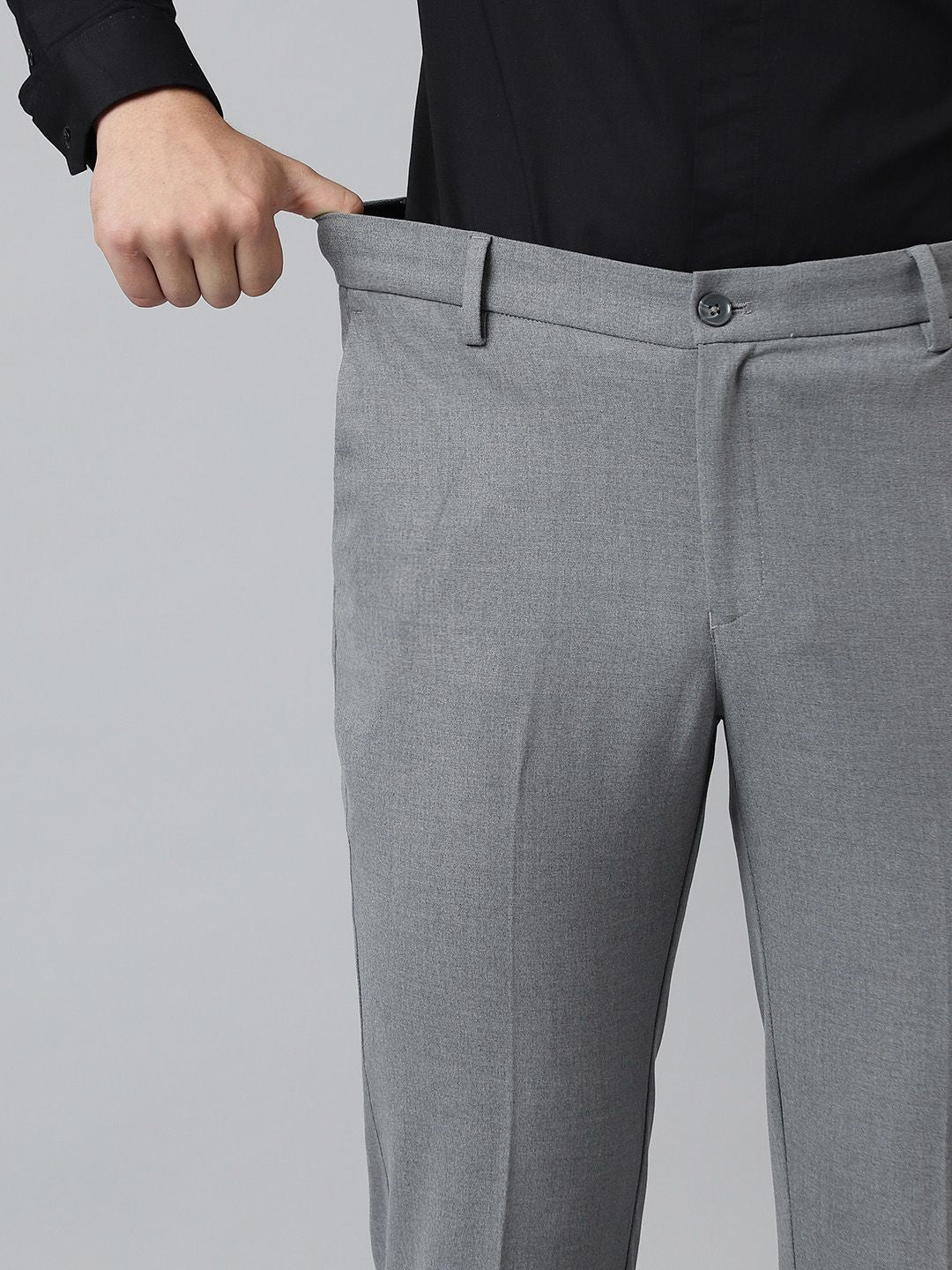 Grey Solid Slim Fit Stretchable Formal Trousers for Men
