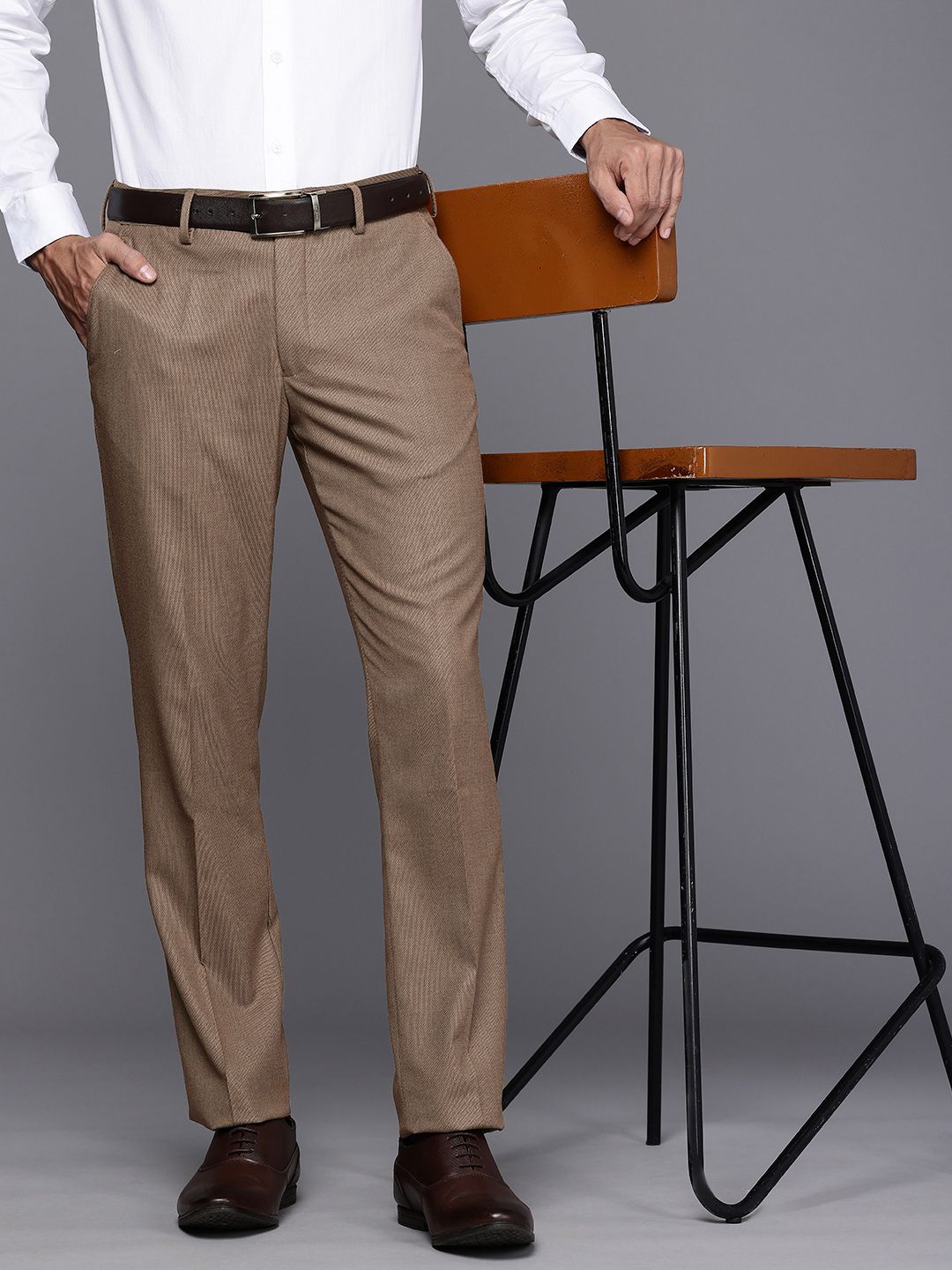 Brown Textured Slim Fit Formal Trousers for Men