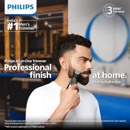 Philips India's No.1 Men's Trimmer |  Sharp Finish & Even Trim | Patented Twin Trim Blades I 15-in-1 Pro Kit - Face, Body & Private Parts | Premium All Metal body I 3 Year Warranty I 120 min runtime I 5 min Quick Charge MG9551/65