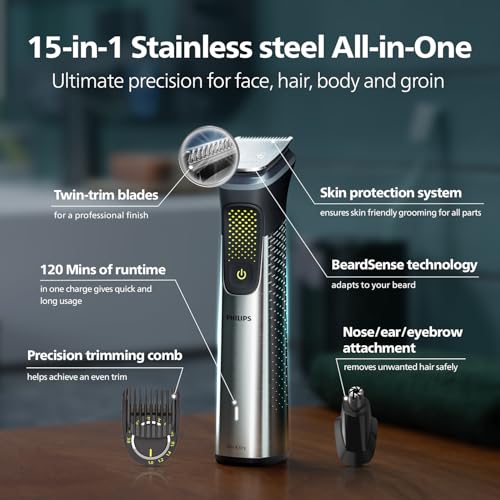 Philips India's No.1 Men's Trimmer |  Sharp Finish & Even Trim | Patented Twin Trim Blades I 15-in-1 Pro Kit - Face, Body & Private Parts | Premium All Metal body I 3 Year Warranty I 120 min runtime I 5 min Quick Charge MG9551/65