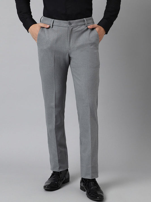 Grey Solid Slim Fit Stretchable Formal Trousers for Men