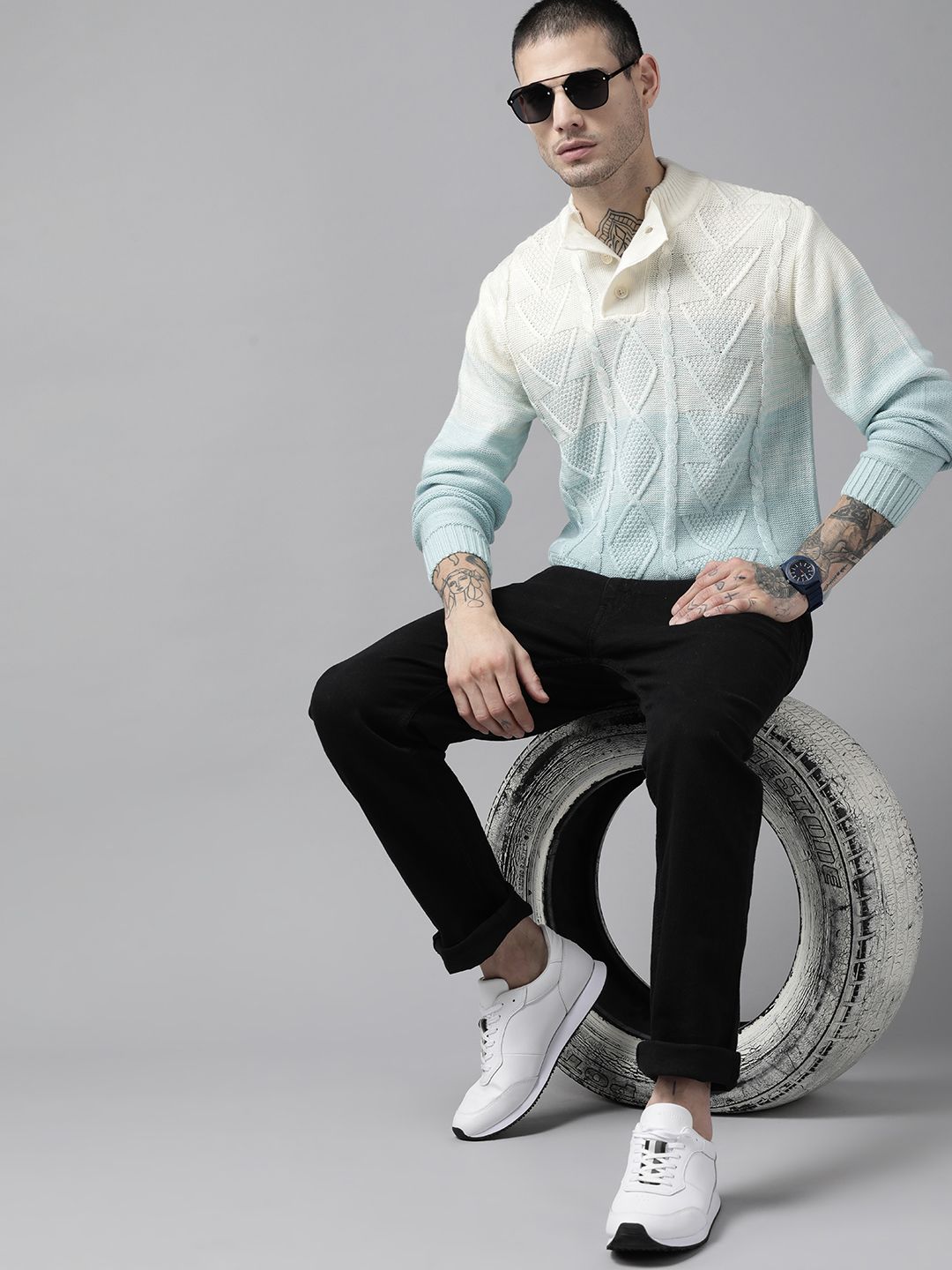 The Lifestyle Co. Men Blue & Cream-Coloured Cable Knit Pullover