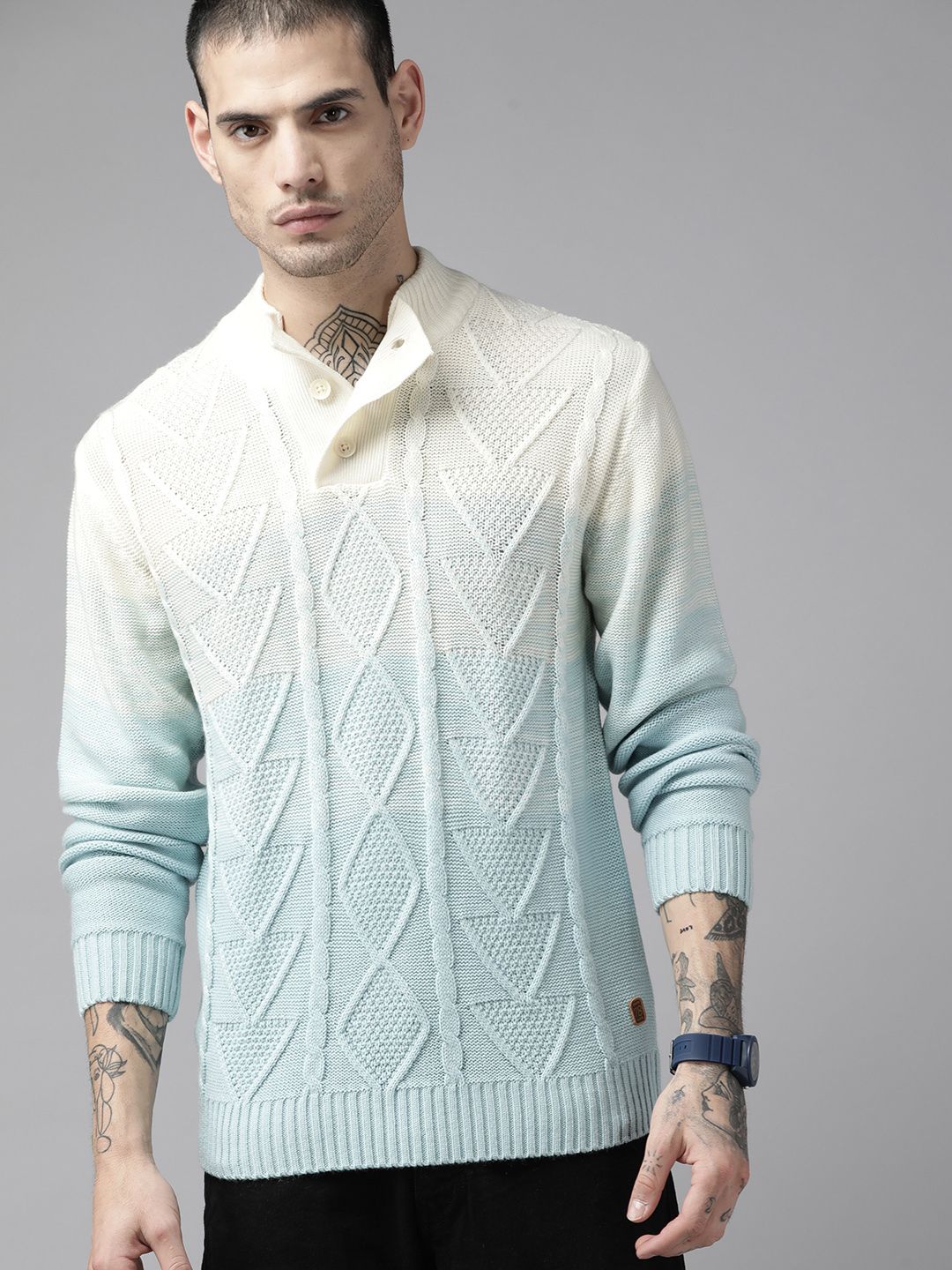 The Lifestyle Co. Men Blue & Cream-Coloured Cable Knit Pullover