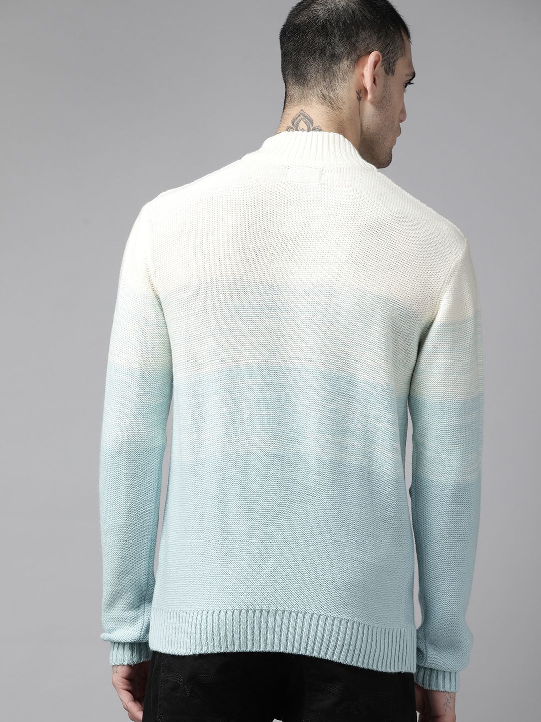 The Lifestyle Co. Men Blue & Cream-Coloured Cable Knit Pullover
