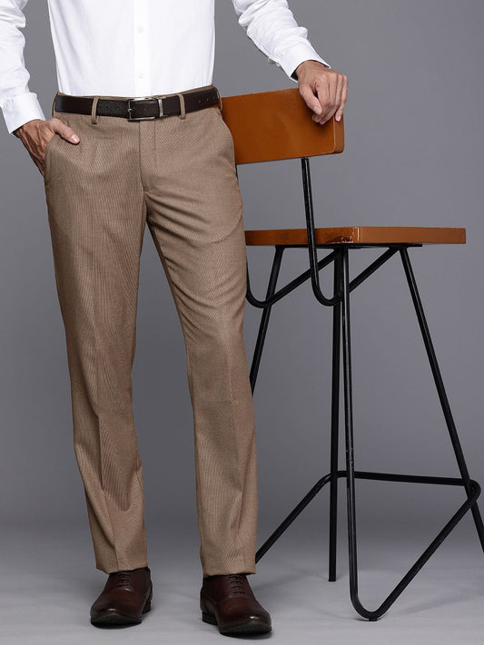 Brown Textured Slim Fit Formal Trousers for Men
