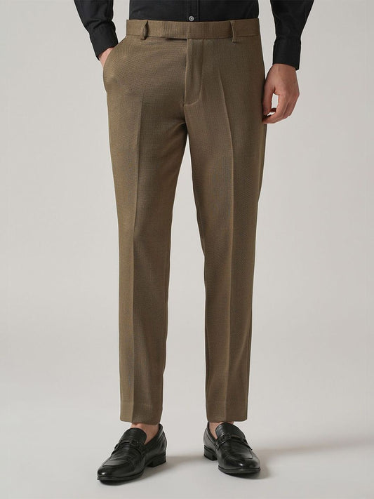 Brown Solid Slim Fit Pleated Formal Trousers for Men